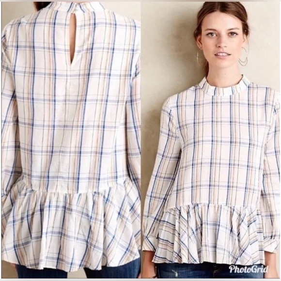 Maeve Tops - Anthropologie Maeve Plaid Peplum Ruffle Hem Top White Sz 6 preppy sku 520